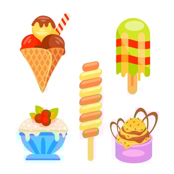 Sweet ice cream. Tasty ice creams cones and popsicles. vector