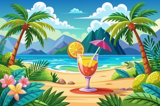 Refreshing tropical cocktail against tropical ocean background. Vibrant drink in natural setting. Concept of summer drinks, refreshing beverages, exotic cocktails, leisure. illustration vector