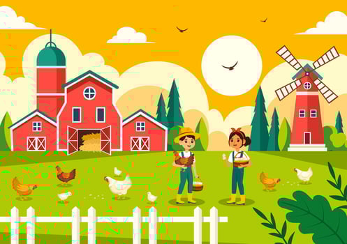 Poultry Farm Illustration with Chickens, Roosters, Straw, Cage and Egg on Scenery of Green Field in Flat Cartoon Background Design vector
