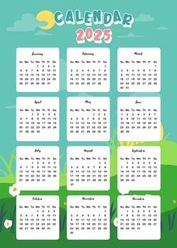 2025 table yearly calendar week start on Sunday with natural that use for vertical digital and printable A4 A5 size vector