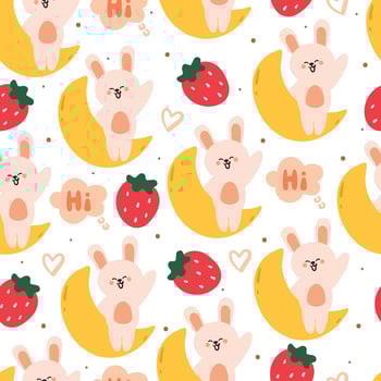 seamless pattern cartoon bunny with moon and strawberry. cute animal wallpaper for textile, gift wrap paper vector