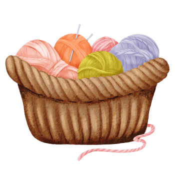 arrangement showcasing woven basket adorned with multicolored yarn balls and knitting needles. Ideal for crafting enthusiasts, cozy home decor themes, or DIY-inspired designs. Watercolor illustration png