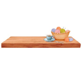 A composition featuring a basket filled with multicolored yarn skeins resting on a wooden windowsill, accompanied by a cup of tea or coffee. for cozy home decor themes or crafting blogs. Watercolor png