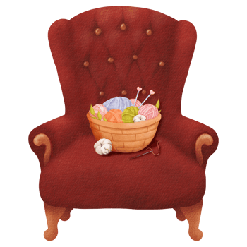 A composition featuring a basket filled with multicolored yarn skeins and knitting needles on a burgundy armchair with a cotton flower nearby. for a cozy evening at home. Watercolor illustration png