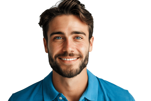 Close up portrait of young smiling handsome man in blue polo shirt on isolated transparent background png