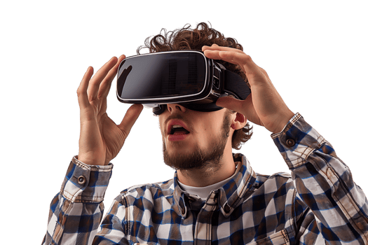 Caucasian male wearing virtual reality headset on isolated transparent background png
