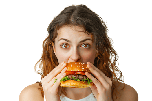 Hungry woman eating burger on isolated transparent background png