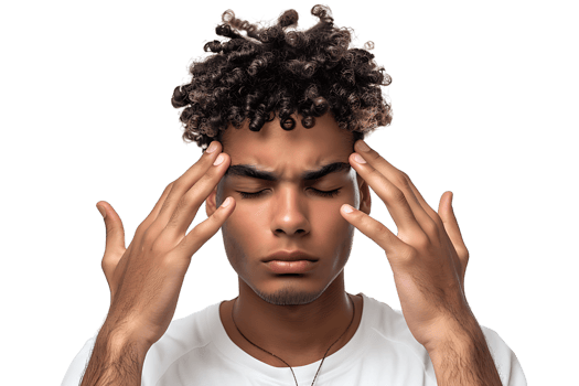 Man suffering from headache, pressing fingers to temples with closed eyes on isolated transparent background png