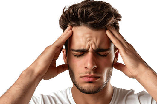 Man suffering from headache, pressing fingers to temples with closed eyes on isolated transparent background png