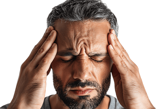 Man suffering from headache, pressing fingers to temples with closed eyes on isolated transparent background png