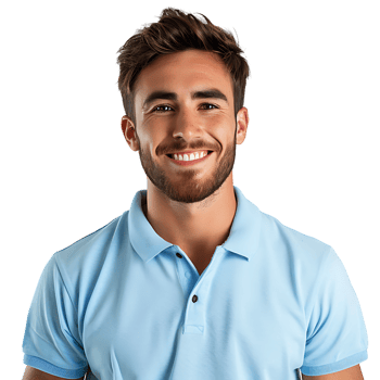 Close up portrait of young smiling handsome man in blue polo shirt on isolated transparent background png