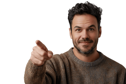 Portrait of man pointing at camera on isolated transparent background png