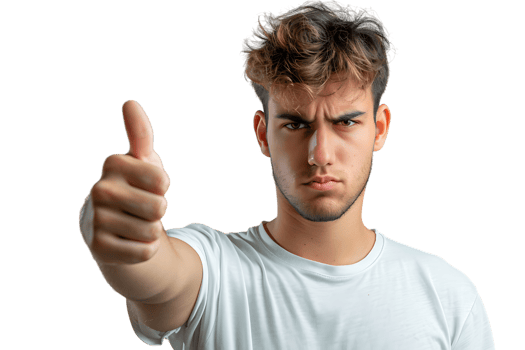 Unhappy man doing thumbs up on isolated transparent background png