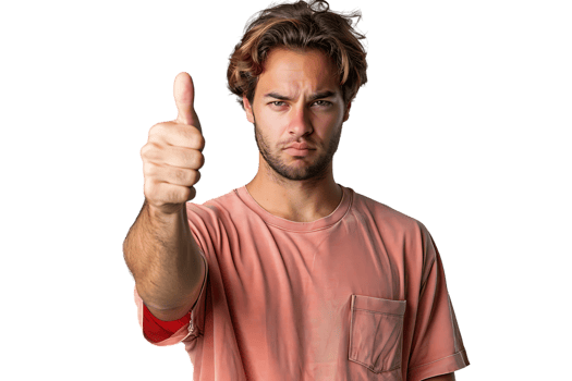 Unhappy man doing thumbs up on isolated transparent background png