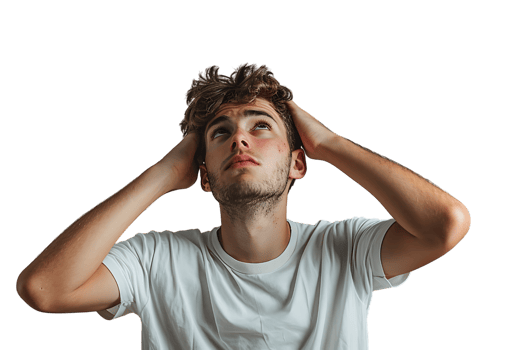 Young doubtful man thinking, scratching head and trying to find solution on isolated transparent background png
