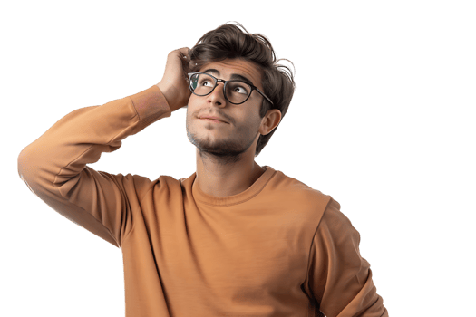 Young doubtful man thinking, scratching head and trying to find solution on isolated transparent background png