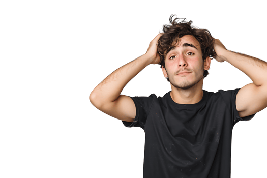 Young doubtful man thinking, scratching head and trying to find solution on isolated transparent background png