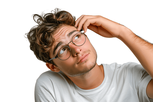 Young doubtful man thinking, scratching head and trying to find solution on isolated transparent background png