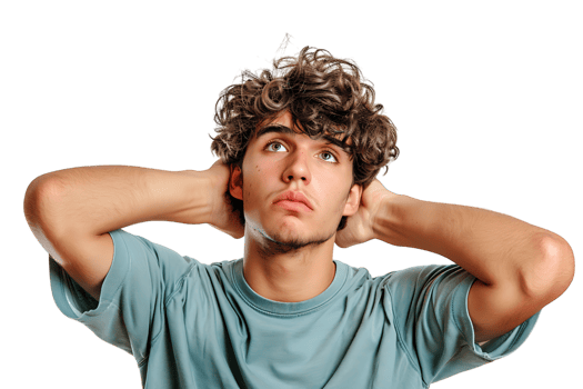 Young doubtful man thinking, scratching head and trying to find solution on isolated transparent background png