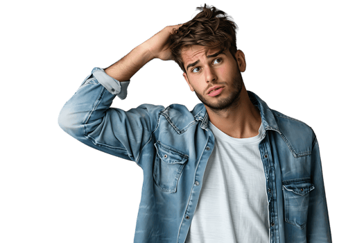 Young doubtful man thinking, scratching head and trying to find solution on isolated transparent background png