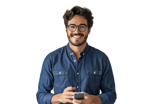 Young man standing holding smartphone and looking at camera on isolated transparent background png