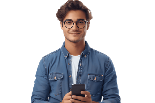 Young man standing holding smartphone and looking at camera on isolated transparent background png