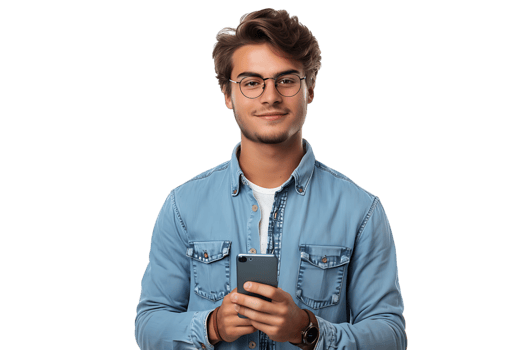 Young man standing holding smartphone and looking at camera on isolated transparent background png