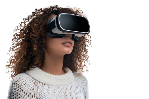 Young girl exploring vast opportunities of virtual reality with VR headset on isolated transparent background png