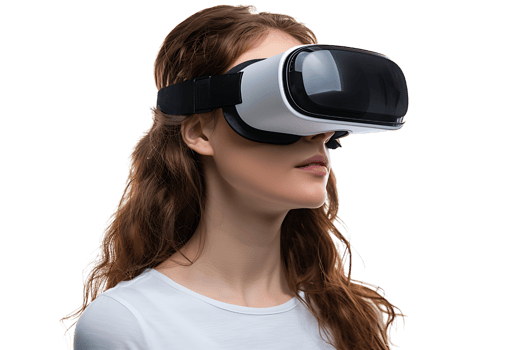 Young girl exploring vast opportunities of virtual reality with VR headset on isolated transparent background png
