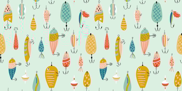 Fishing lures seamless pattern. Cute colorful fishing hook repeat background. Fathers day wallpaper, print for Dads day, fisherman equipment. Funny textile design, wrap paper, cartoon design. vector