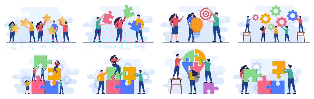 Set of flat illustrations of Teamwork, Partnership, Cooperation, Achievement, Solution, Problem-solving, New idea vector