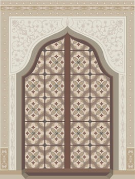 Elegant Mughal inspired palace door illustration with intricate motifs vector