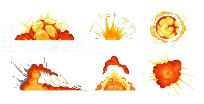 Cartoon explosions. Exploding bomb collection set animation vector