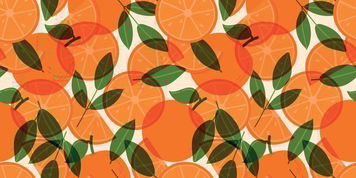 Oranges risoprint seamless pattern. Fresh oranges, leaves and seeds for fabric, drawing labels, wallpaper, fruit background. Slices of oranges background. vector
