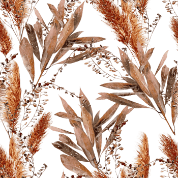 Watercolor seamless pattern with pampass and herbs. Illustration png