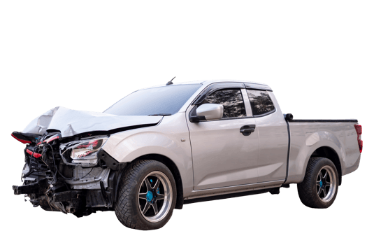 Front of gray or bronze pickup car get damaged by accident on the road. damaged cars after collision. isolated on transparent background, File png