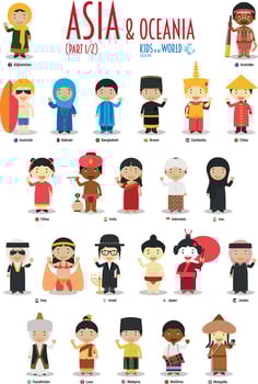 Kids and nationalities of the world . Asia and Oceania Set 1 of 2. Set of 24 characters dressed in different national costumes. vector