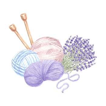 Balls and skeins of yarn Knitting needles Lavender purple twig Arrangement with tangles of wool thread. Hand drawn watercolor illustration. Isolated template for card, knitter blog, needlework store. png