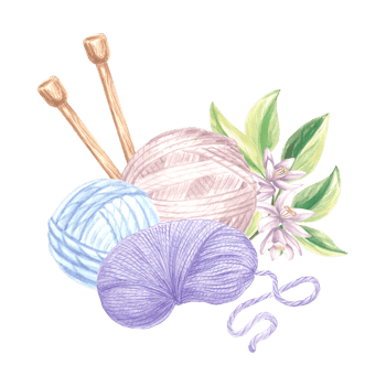 Balls and skeins of yarn Knitting needles White flowers with green leaves Arrangement with wool thread. Hand drawn watercolor illustration. Isolated template for card, knitter blog, needlework store. png