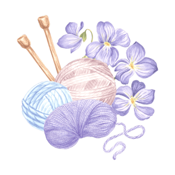 Balls and skeins of yarn Knitting needles Flowers of wild violets Arrangement with tangles of wool thread. Hand drawn watercolor illustration. Isolated template for card, knitter blog, needlework png