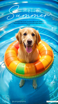 Happy dog enjoying a pool day on a colorful float, poster design psd