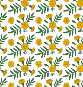 Seamless Pattern with Yellow Marigolds, Flowers, Leaves, Buds vector