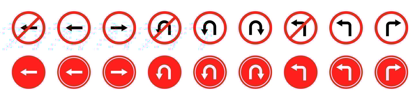Turn arrow icons. U-turn, no u-turn. Road sign arrows set. Road navigation arrows. Way direction arrow sign vector