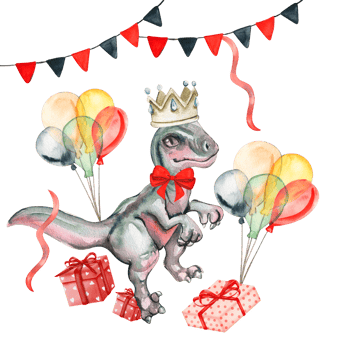 Watercolor hand drawn tropical cute dinosaurs birthday composition. png