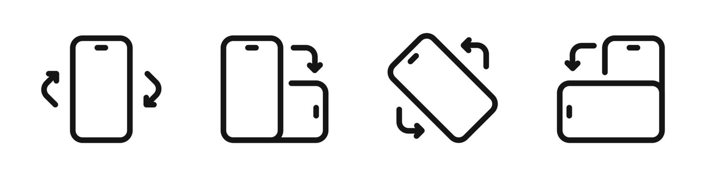 Phone rotation icons. Mobile phone rotation symbols. Device rotation arrows. Smartphone rotation silhouettes. vector