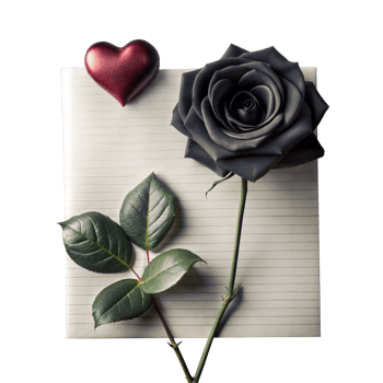 Black Rose and Red Heart on Lined Paper Signifying Romance and Mystery png