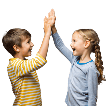 Smiling Young Boy and Girl Celebrating With a High Five Indoors png