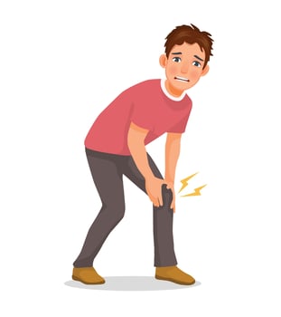 Young man suffering from knee pain holding his injured leg vector