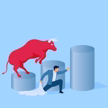 The matador allows the bull to jump over the graph, a metaphor for rising share prices on the stock market vector