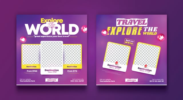 Set of travel sale social media post template.Summer beach holiday,traveling agency business offer promotion.tourism advertisement banner design. vector